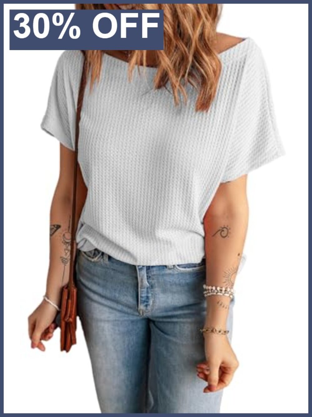 Waffle Knit T-Shirt Boat Neck Short Sleeve Loose Fit Casual Summer Top